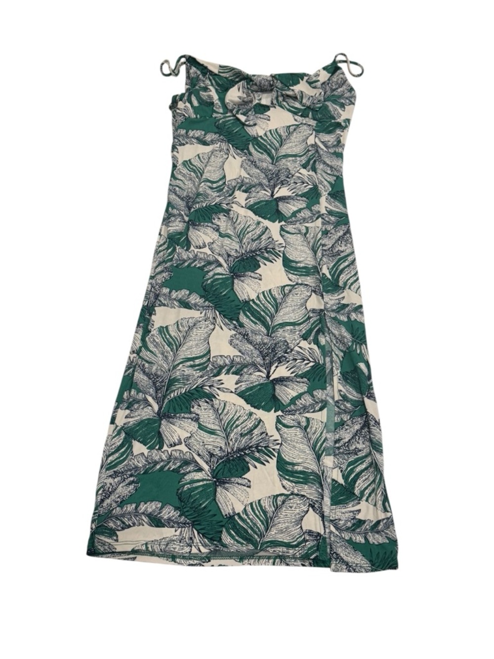 Summer maxi dress Green and Cream Tropical Leaf front slit beachwear summer